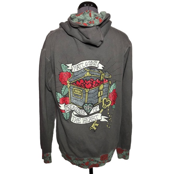 Vtg Y2K NOTW Tattoo Style Hoodie Matt 6:20-21 Streetwear Zip Gray M